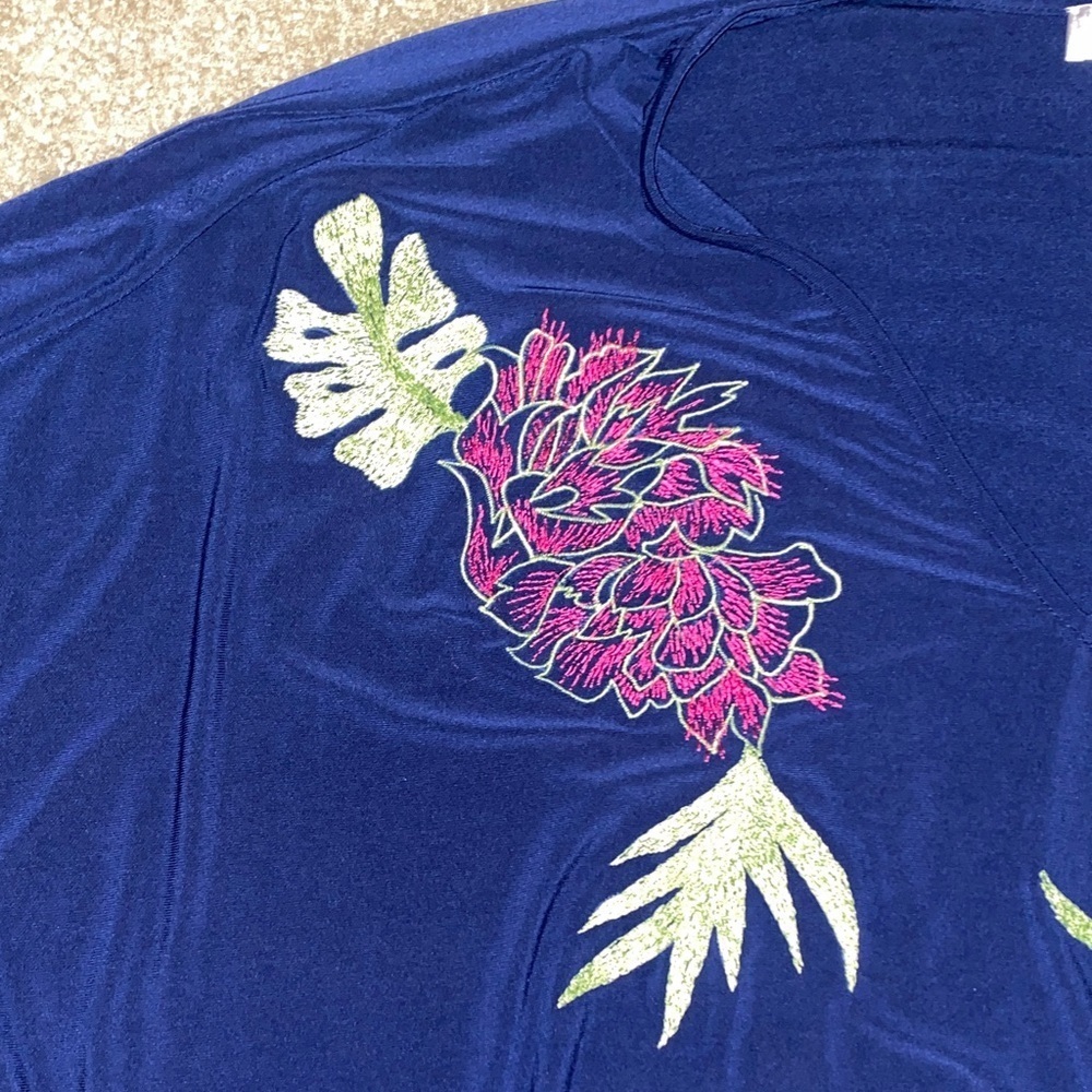 Natori Dark Blue Top with Red and Green Embroidery - Picture 4 of 7
